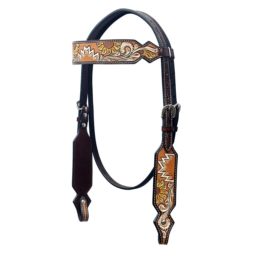 Bar H Equine Western Horse Floral Hand Painted Genuine Leather Headstall Tan 1