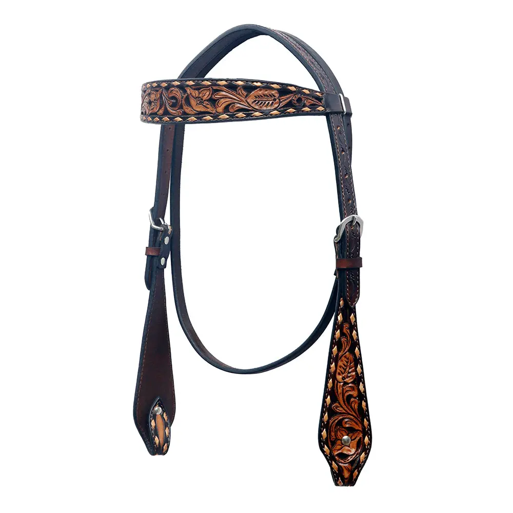 Bar H Equine Western Horse Floral Hand Painted Genuine Leather Headstall Dark Brown 1