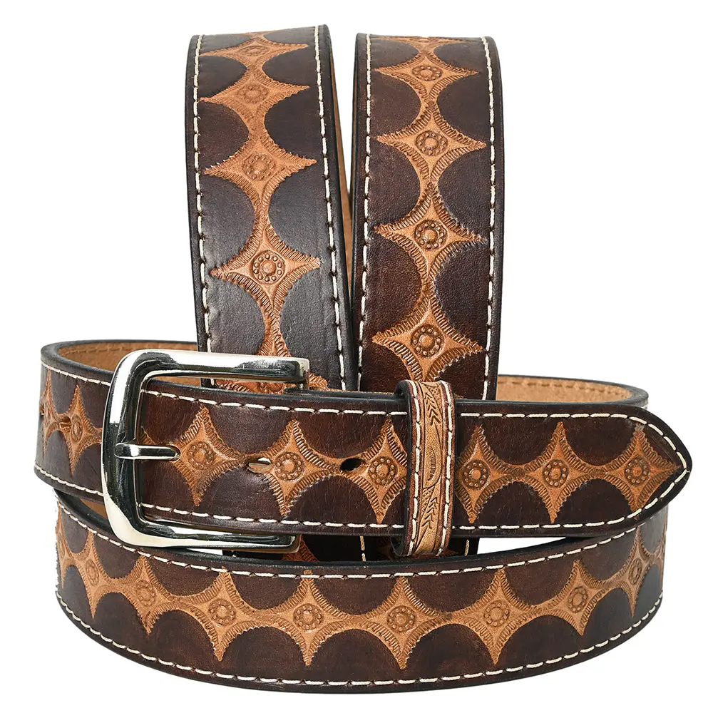 Bar H Equine Hand Tooled Genuine Leather Crafted Brown Unisex Western Belt Removable Buckle Full Grain 1