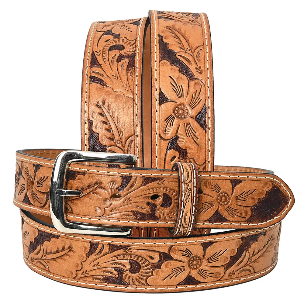 Bar H Equine Hand Tooled Genuine Leather Crafted Brown Unisex Belt Removable Buckle Full Grain Western Men & Women 1