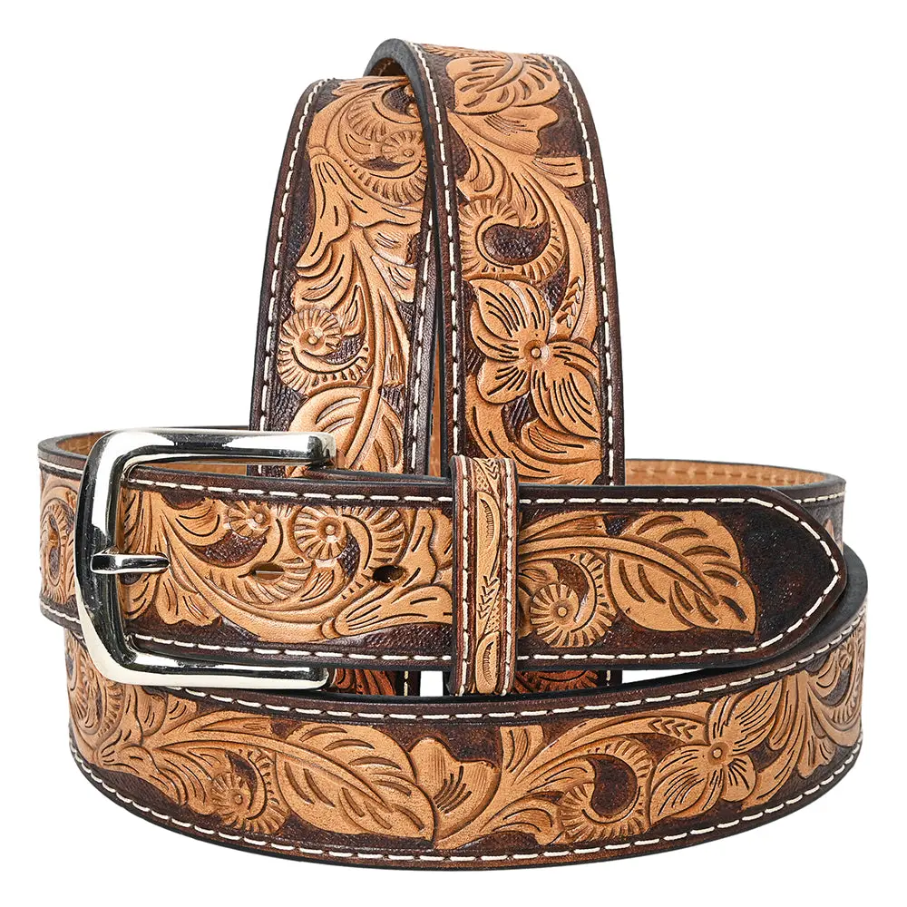 Bar H Equine Hand Crafted Tooled Genuine Leather Brown Tan Unisex Western Belt Removable Buckle Full Grain Men Women 1
