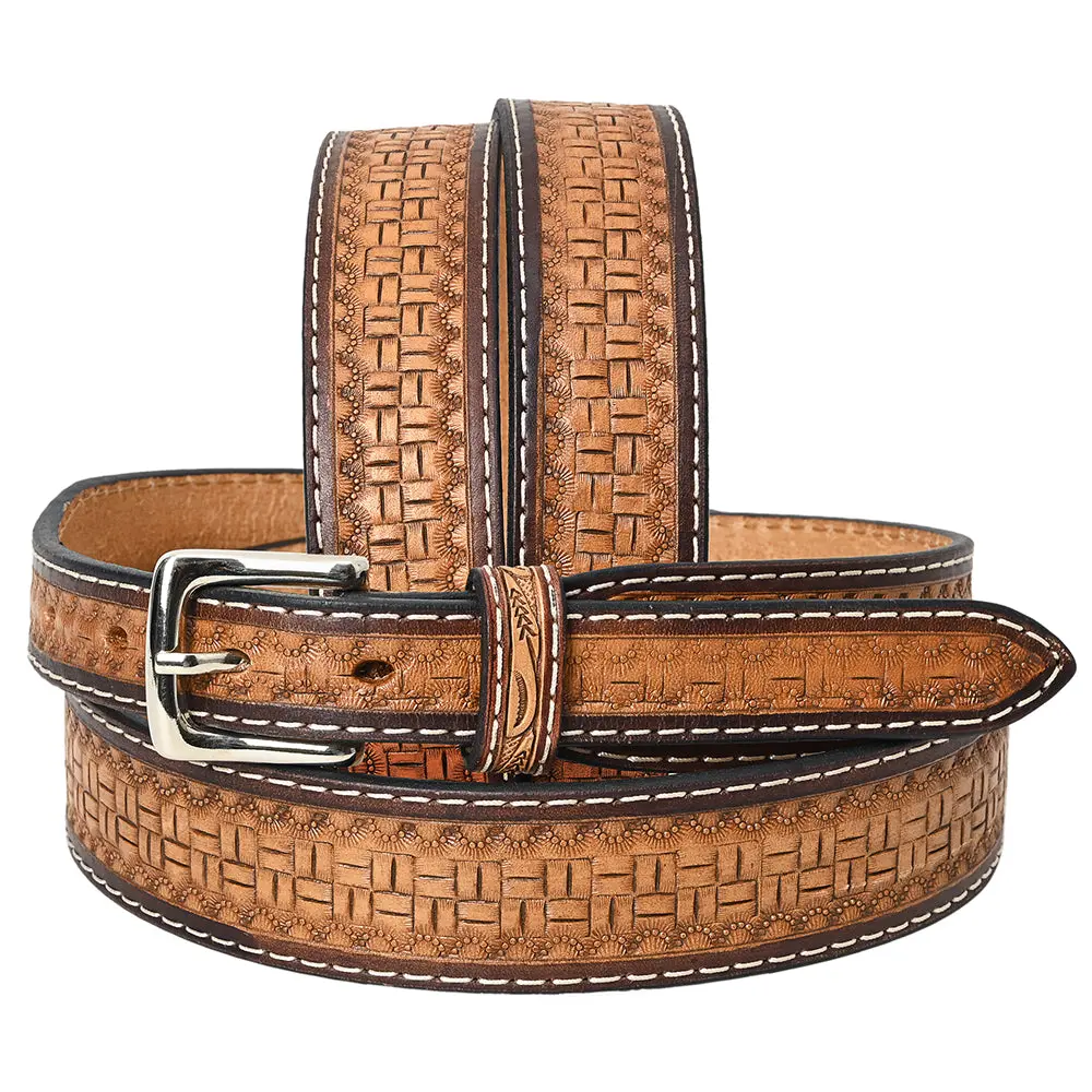 Bar H Equine Hand Tooled Genuine Leather Crafted Tan Unisex Western Belt Removable Buckle Full Grain For Men Women 1