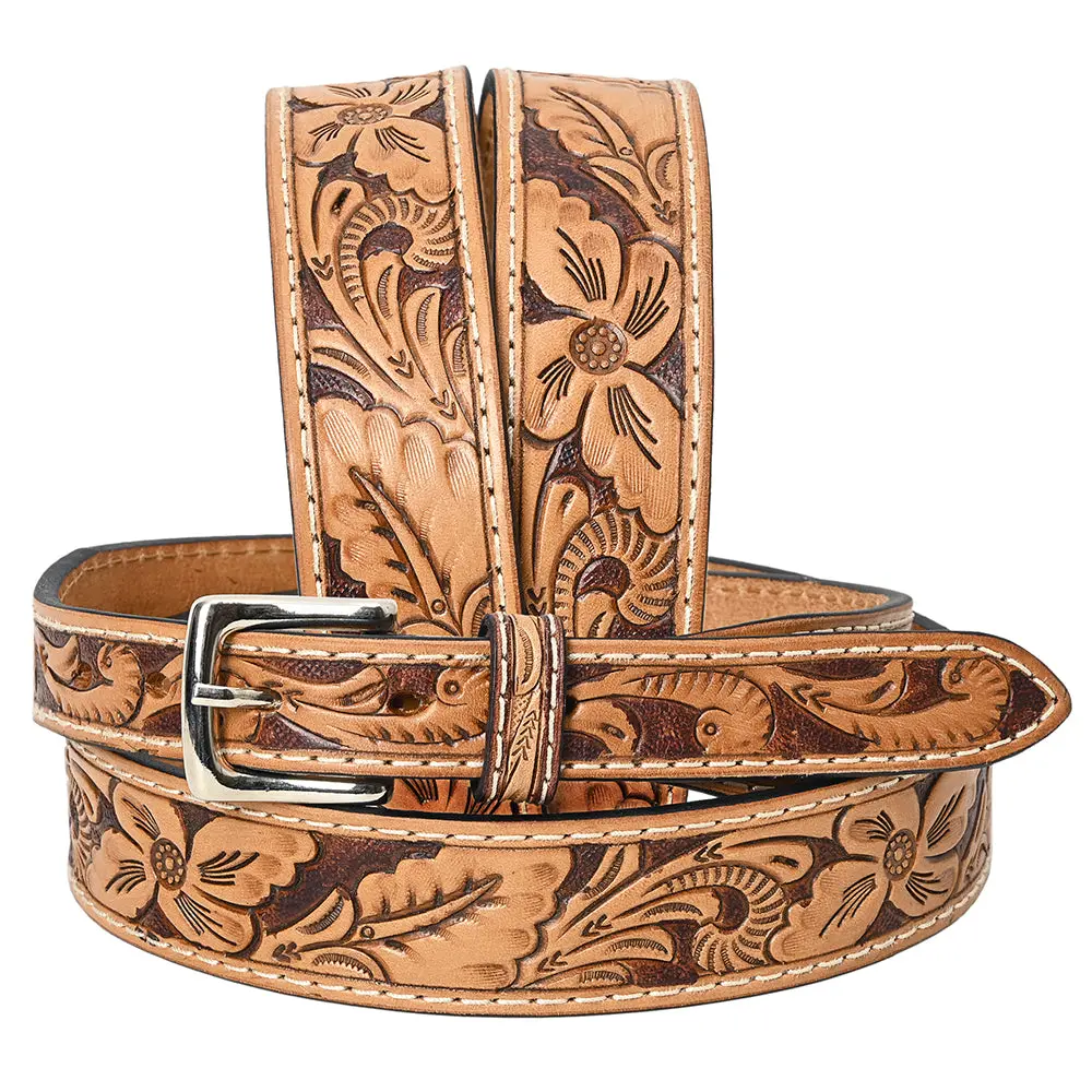 Bar H Equine Hand Tooled Genuine Leather Crafted Tan Unisex Western Belt Removable Buckle Full Grain For Men Women 1