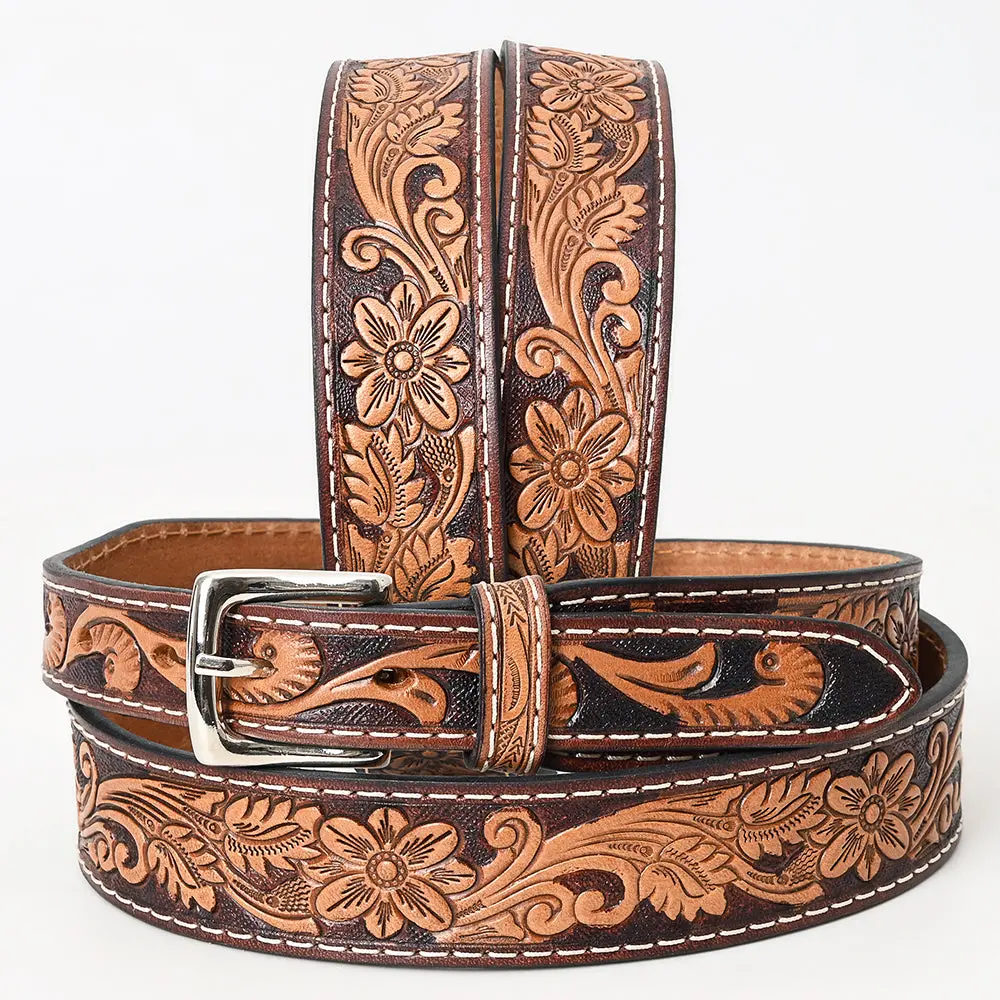 Bar H Equine Hand Tooled Genuine Leather Crafted Brown Unisex Western Belt Removable Buckle Full Grain For Men Women 1