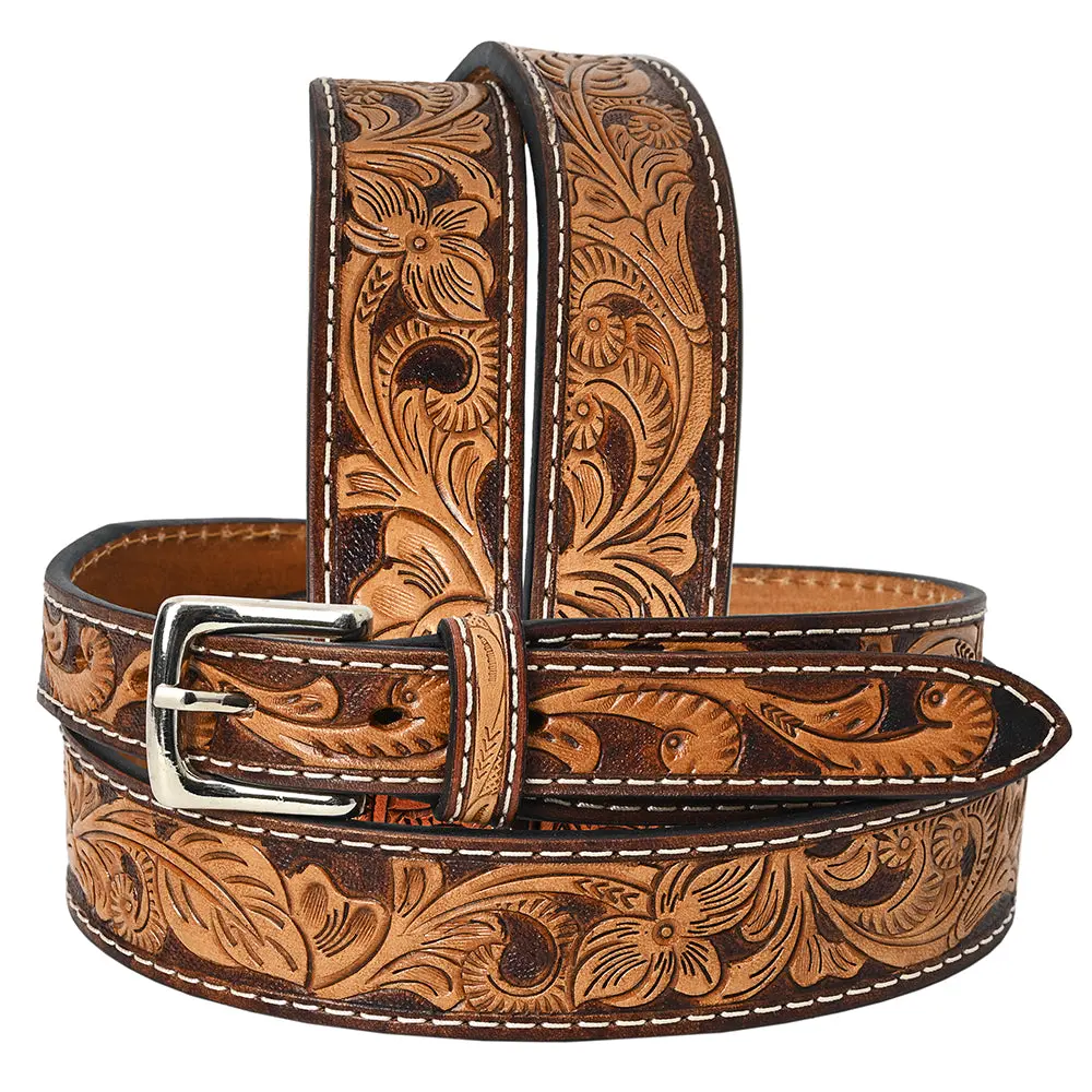 Bar H Equine Hand Tooled Genuine Leather Crafted Brown Unisex Western Belt Removable Buckle Full Grain Men & Women 1