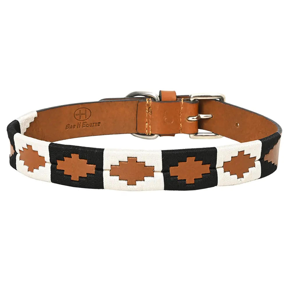 Bar H Equine Western Genuine Leather Dog Collar Embroidered Black & White 1