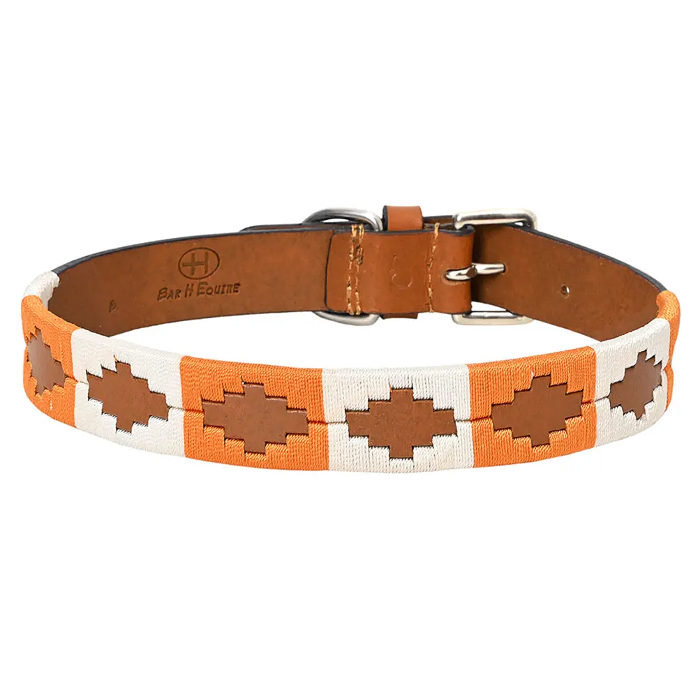 Bar H Equine Western Genuine Leather Dog Collar Embroidered Orange & White 1