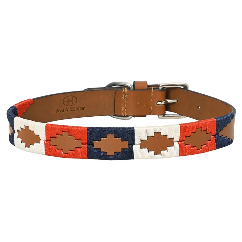Bar H Equine Western Genuine Leather Dog Collar Embroidered Blue Red & White 1