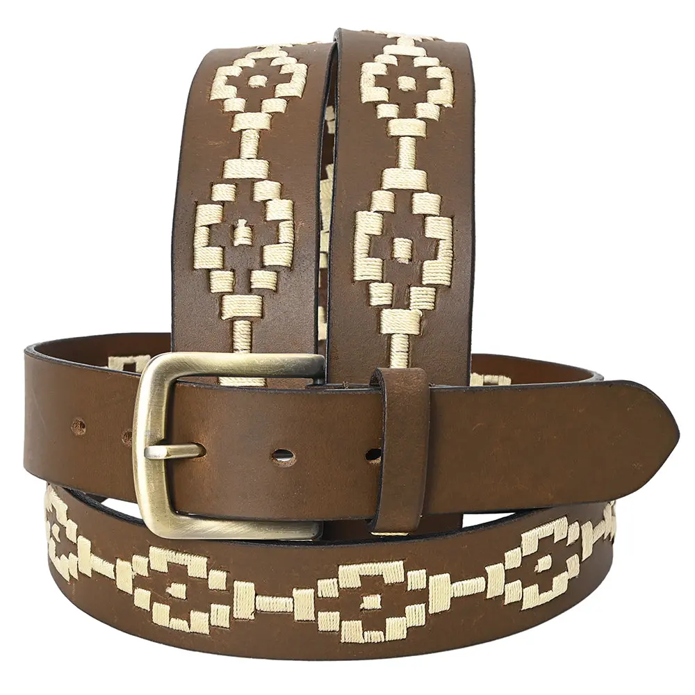 Bar H Equine Western Brown Full Grain Genuine Leather Men & Women Belt Embroidered White Unisex With Buckle 1