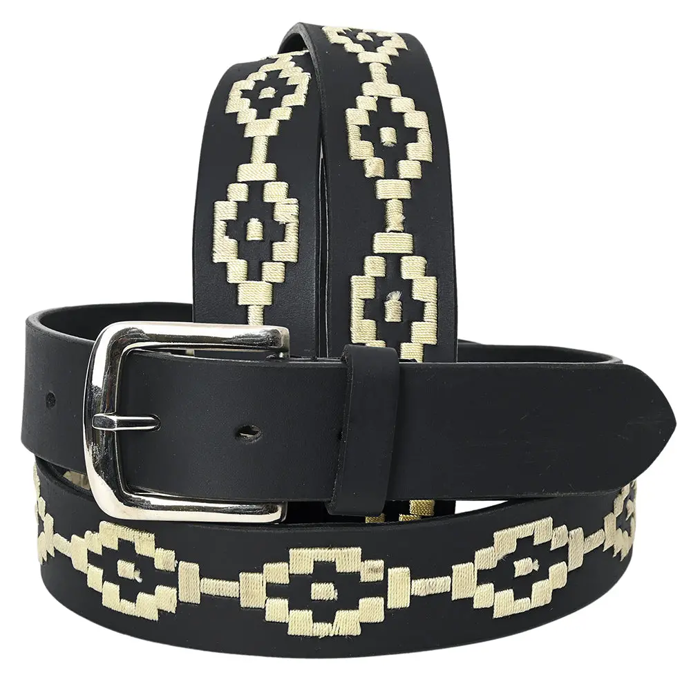 Bar H Equine Western Black Full Grain Genuine Leather Men & Women Belt Embroidered White Unisex With Buckle 1