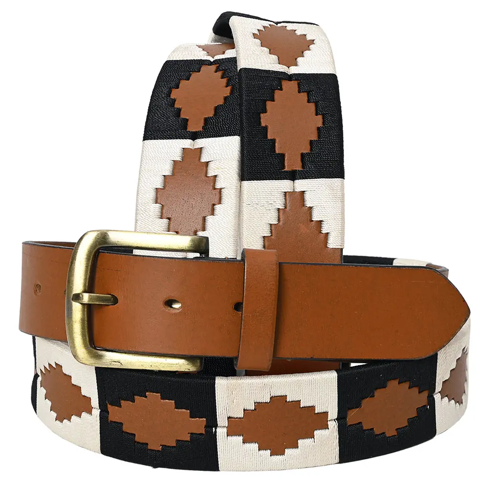 Bar H Equine Western Brown Full Grain Genuine Leather Men & Women Belt Embroidered Black And White With Buckle 1