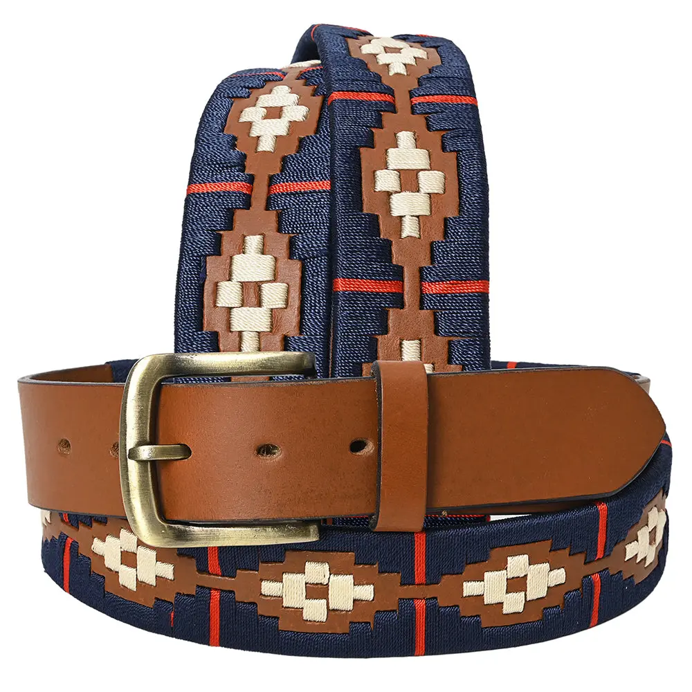 Bar H Equine Western Brown Full Grain Genuine Leather Men & Women Belt Embroidered Blue Red White With Buckle 1