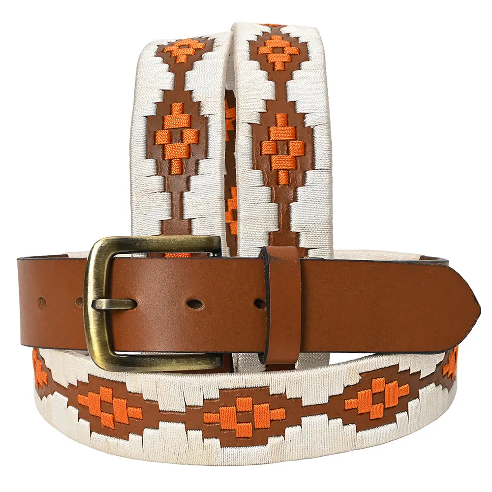 Bar H Equine Western Brown Full Grain Genuine Leather Men & Women Belt Embroidered White Orange With Buckle 1
