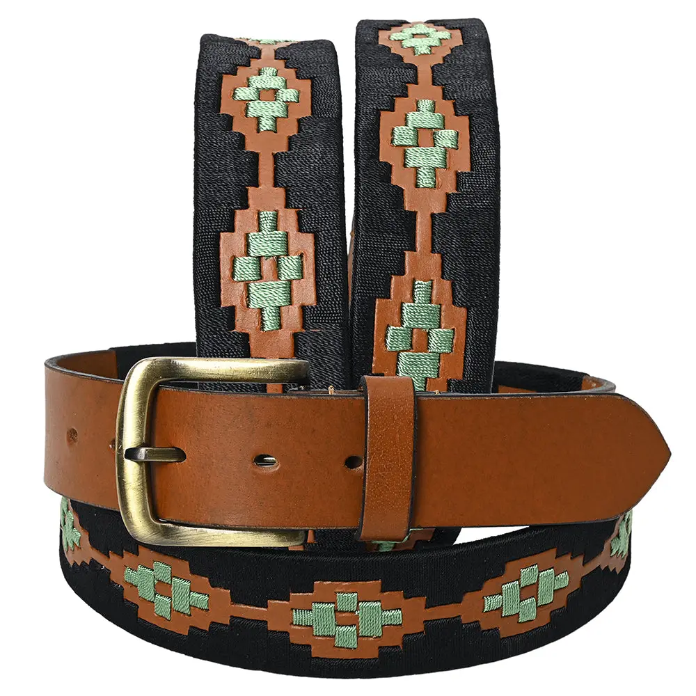 Bar H Equine Western Brown Full Grain Genuine Leather Men & Women Belt Embroidered Black Light Green With Buckle 1