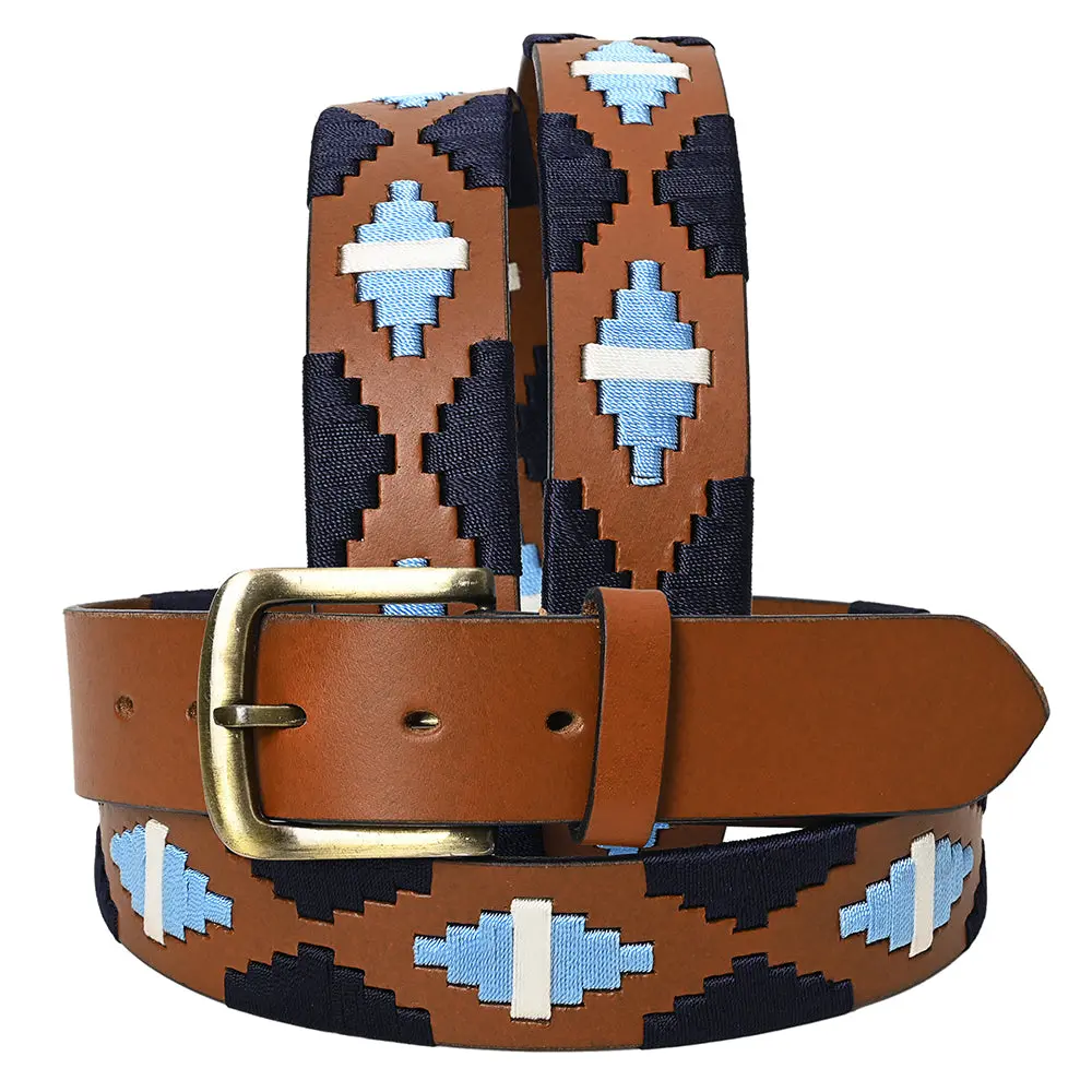 Bar H Equine Western Brown Full Grain Genuine Leather Men & Women Belt Embroidered Black Light Blue White Buckle 1
