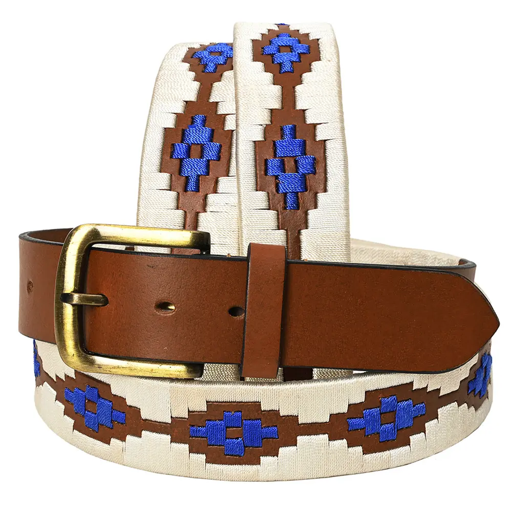 Bar H Equine Western Brown Full Grain Genuine Leather Men & Women Belt Embroidered White Blue With Buckle 1