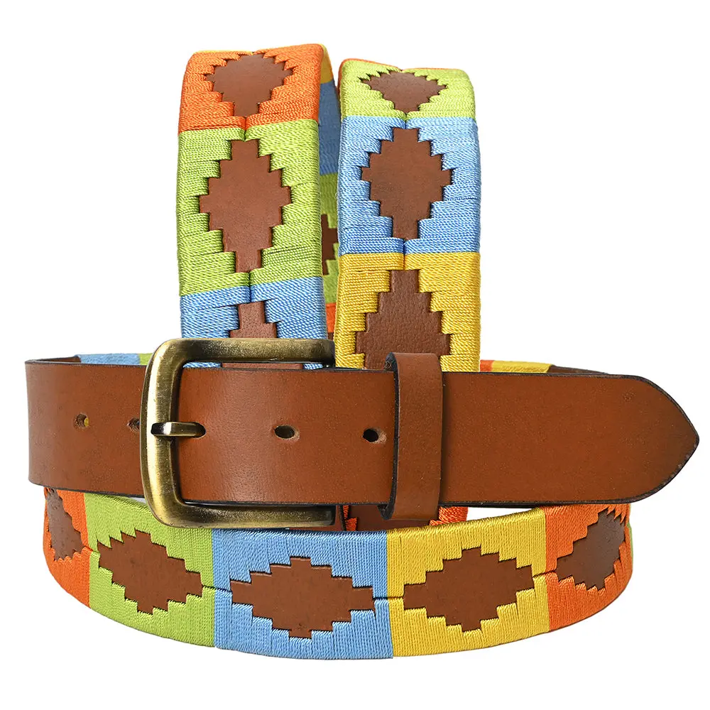 Bar H Equine Western Brown Full Grain Genuine Leather Men & Women Belt Embroidered Yellow Blue Light Green Buckle 1