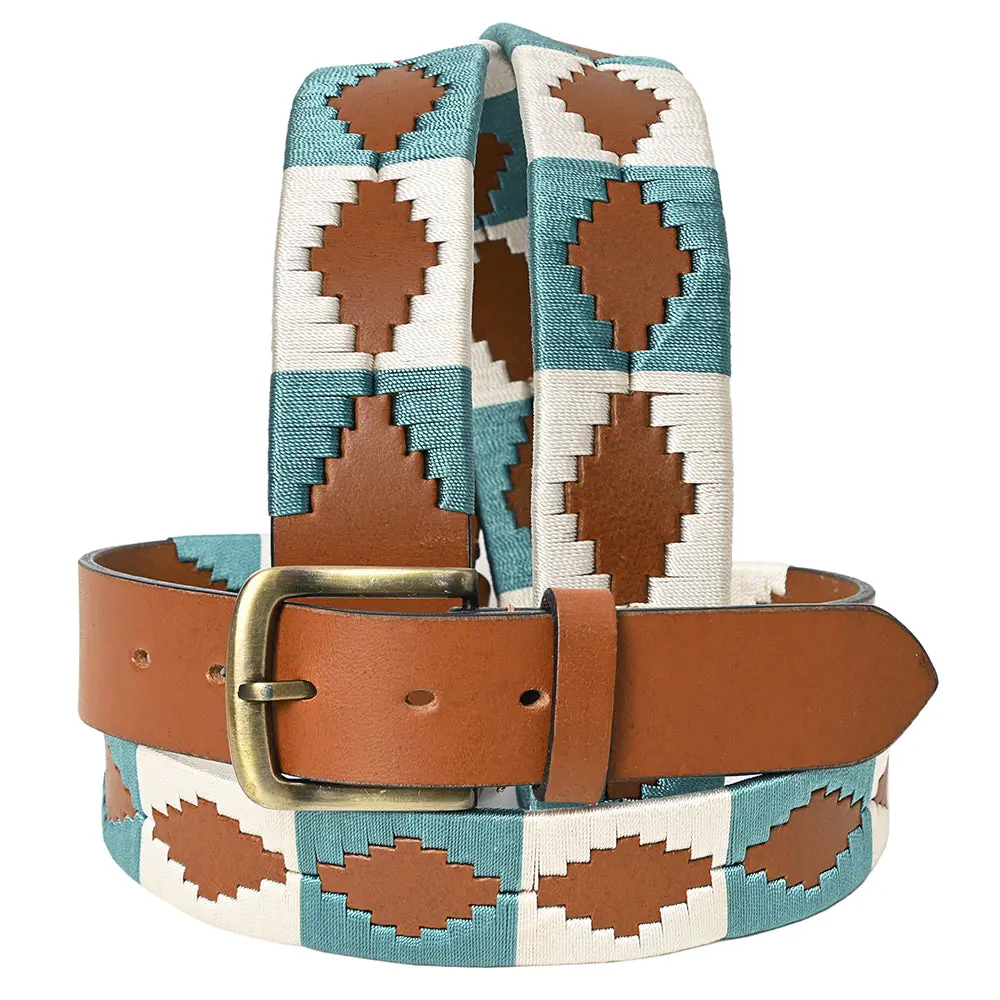 Bar H Equine Western Brown Full Grain Genuine Leather Men & Women Belt Embroidered White Sky Blue With Buckle 1