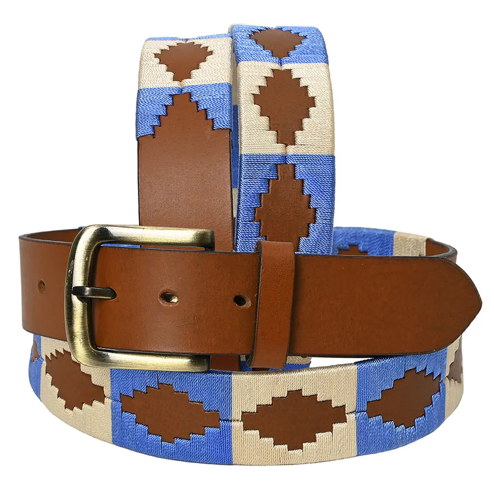 Bar H Equine Western Brown Full Grain Genuine Leather Men & Women Belt Embroidered Blue White With Buckle 1
