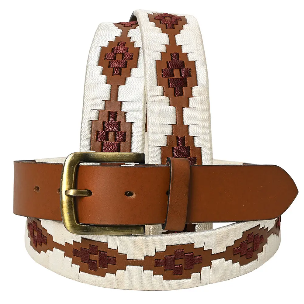 Bar H Equine Western Brown Full Grain Genuine Leather Men & Women Belt Embroidered White With Buckle 1