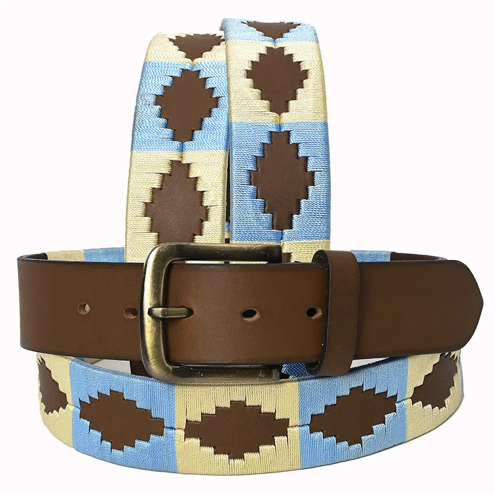 Bar H Equine Western Brown Full Grain Genuine Leather Men & Women Belt Embroidered Beige Light Blue With Buckle 1