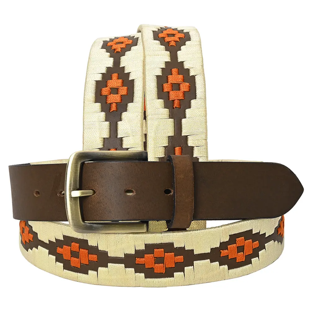 Bar H Equine Western Brown Full Grain Genuine Leather Men & Women Belt Embroidered Beige Orange With Buckle 1
