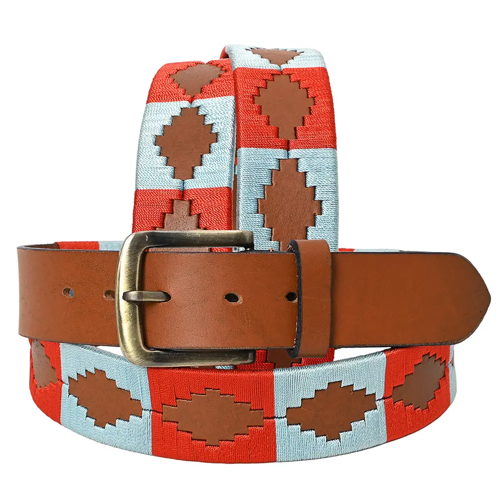 Bar H Equine Western Brown Full Grain Genuine Leather Men & Women Belt Embroidered Red Light Blue With Buckle 1
