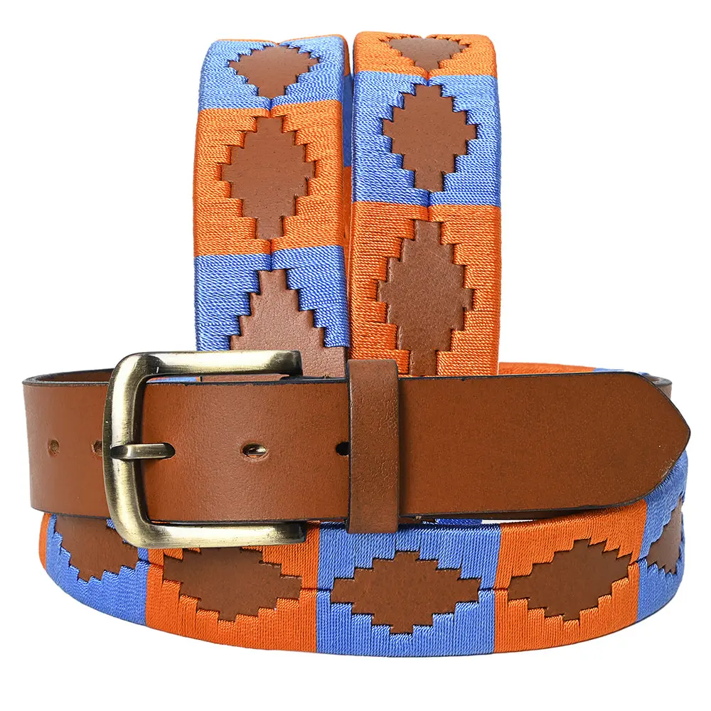 Bar H Equine Western Brown Full Grain Genuine Leather Men & Women Belt Embroidered Orange Blue With Buckle 1