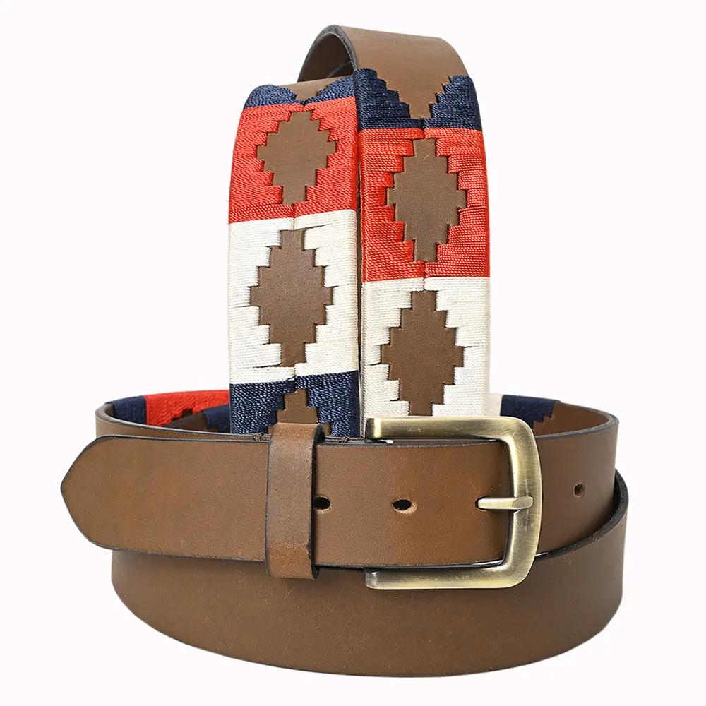 Bar H Equine Western Brown Full Grain Genuine Leather Men & Women Belt Embroidered Red Blue White With Buckle 1
