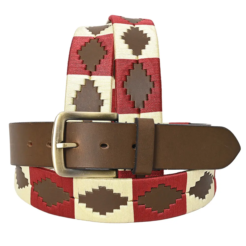 Bar H Equine Western Brown Full Grain Genuine Leather Men & Women Belt Embroidered Maroon Beige With Buckle 1