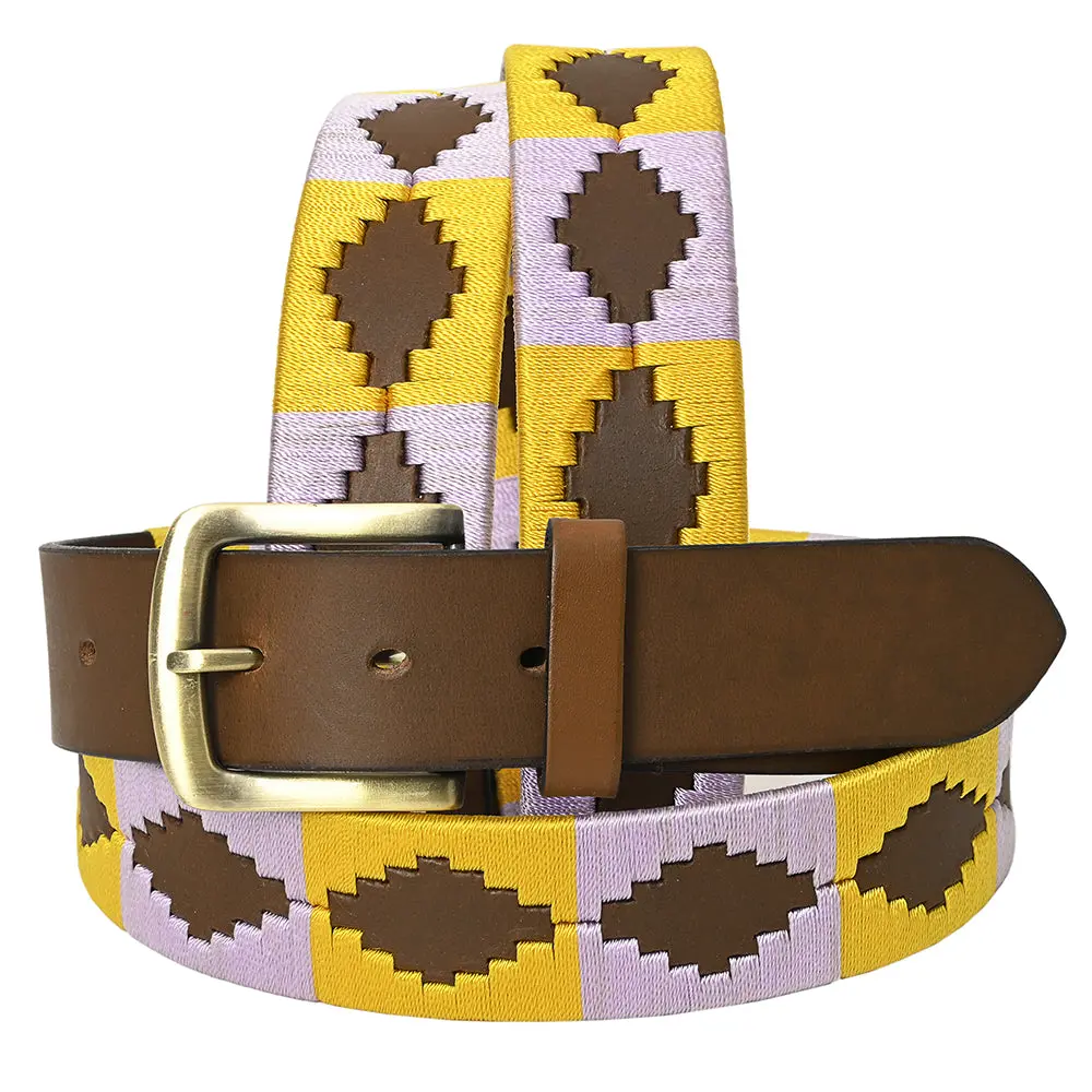 Bar H Equine Western Brown Full Grain Genuine Leather Men & Women Belt Embroidered Yellow Purple With Buckle 1