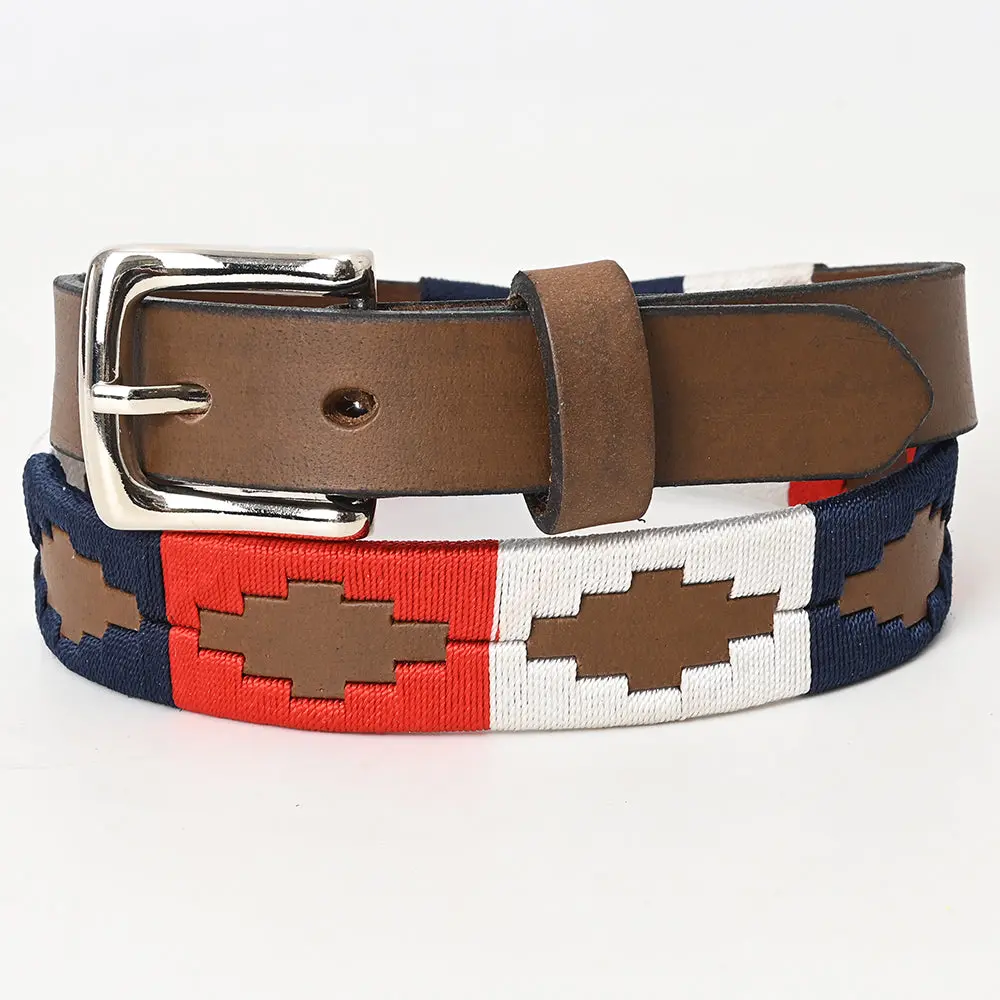 Bar H Equine Western Brown Full Grain Genuine Leather Men & Women Belt Embroidered Orange Blue White With Buckle 1