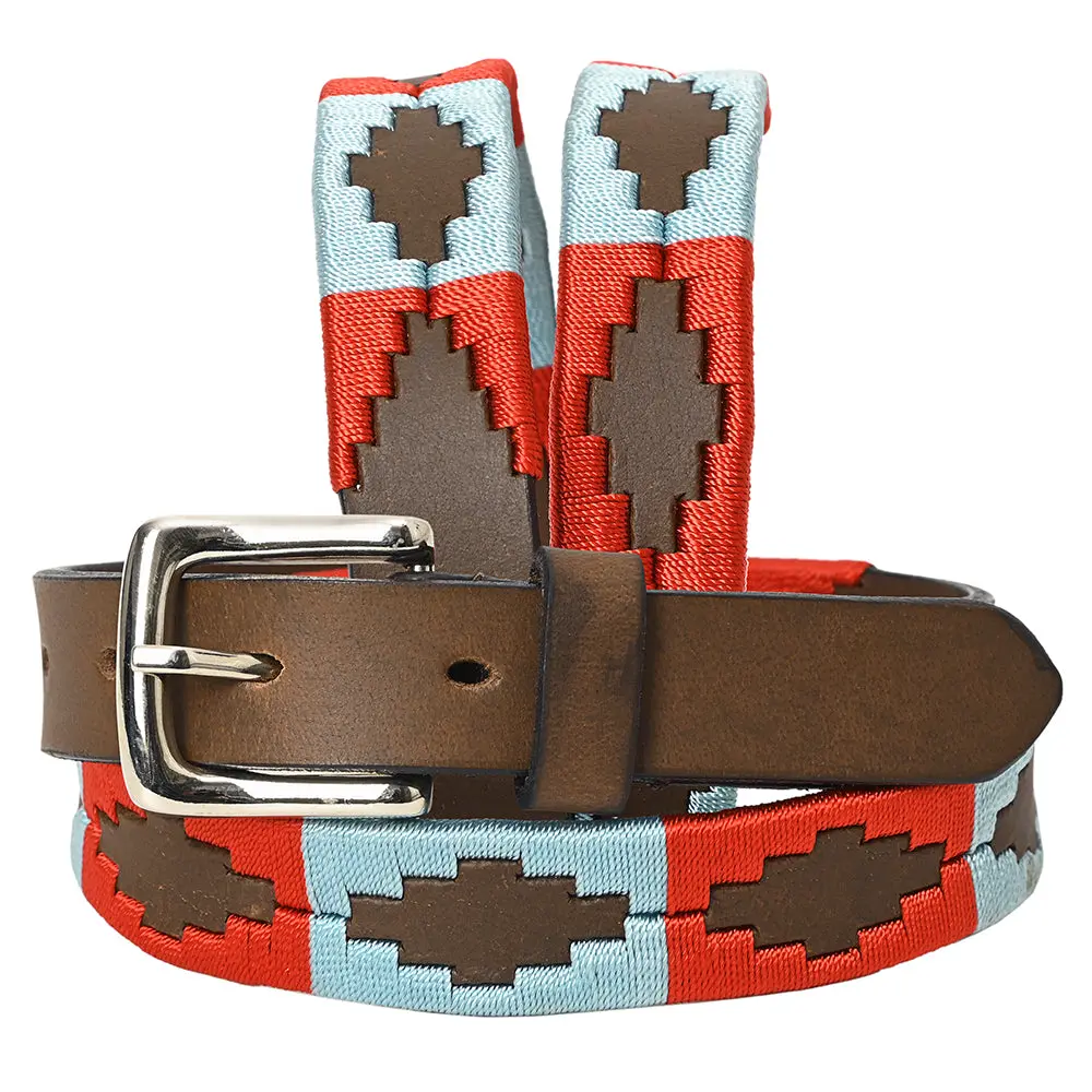 Bar H Equine Western Brown Full Grain Genuine Leather Men & Women Belt Embroidered Red Light Blue With Buckle 1