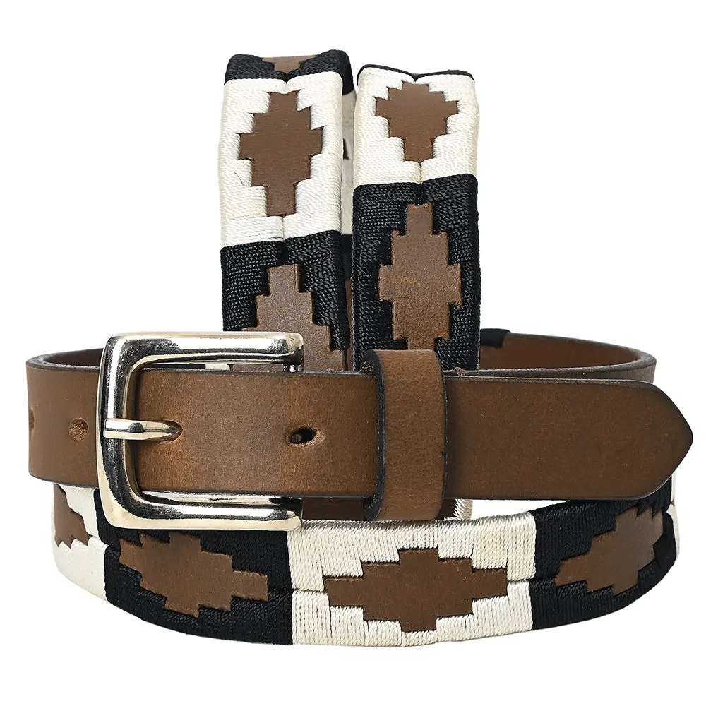 Bar H Equine Western Brown Full Grain Genuine Leather Men & Women Belt Embroidered Black White With Buckle 1