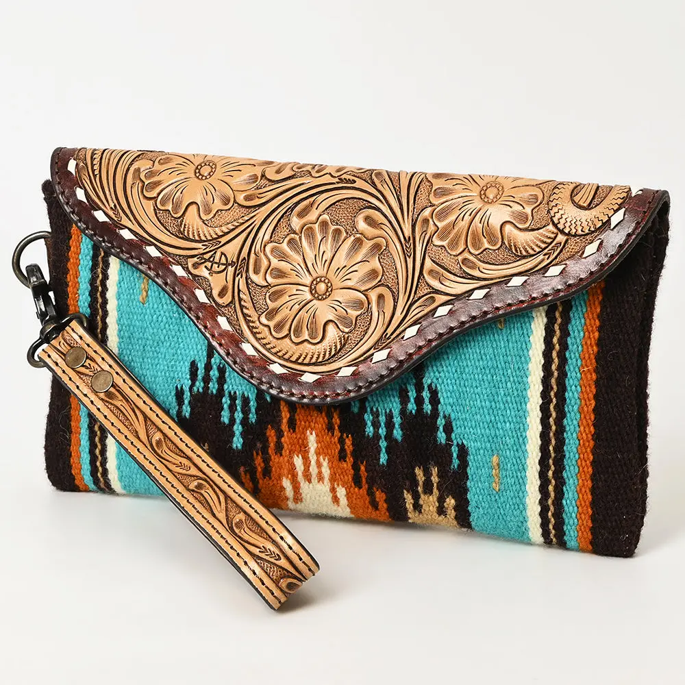 American Darling Hand Tooled Leather Western Wristlet Bag With Floral Carved Flap And Hand Woven Saddle Blanket 6In (H) X 11In (W) 1