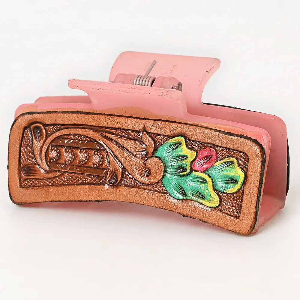 American Darling Floral Long Hair Claw Hand Tooled Carved Genuine Leather Turquoise Clips Clutcher Gift For Women Girls 1