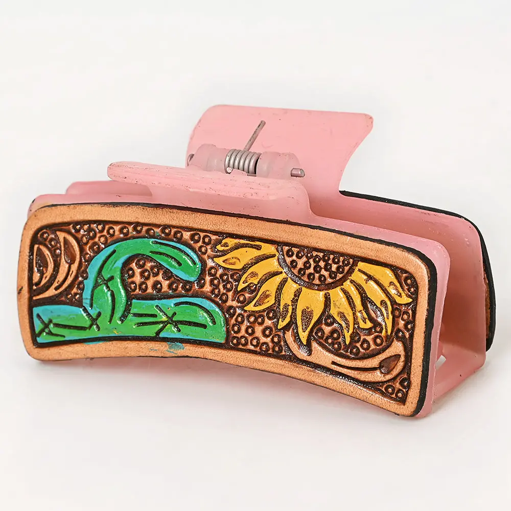 American Darling Floral Long Hair Claw Hand Tooled Carved Genuine Leather Turquoise Clips Clutcher Gift For Women Girls 1
