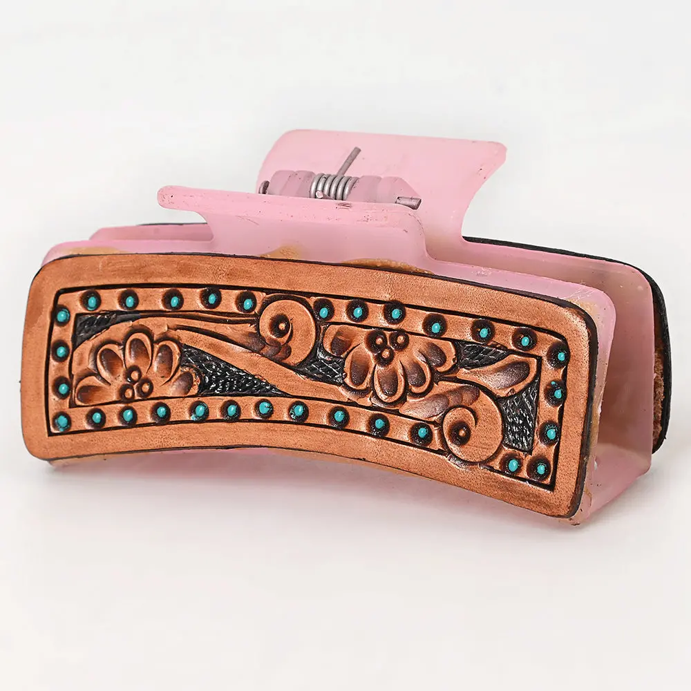 American Darling Floral Long Hair Claw Hand Tooled Carved Genuine Leather Turquoise Clips Clutcher Gift For Women Girls 1