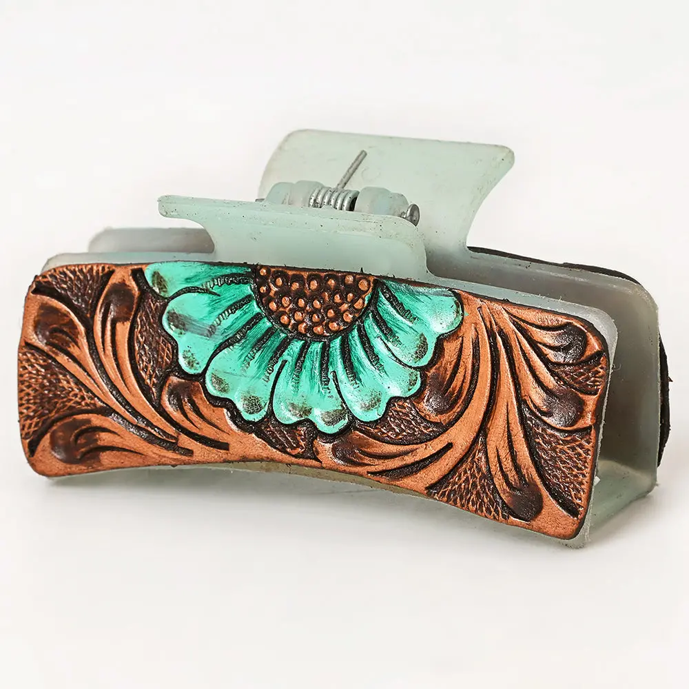 American Darling Floral Long Hair Claw Hand Tooled Carved Genuine Leather Turquoise Clips Clutcher Gift For Women Girls 1