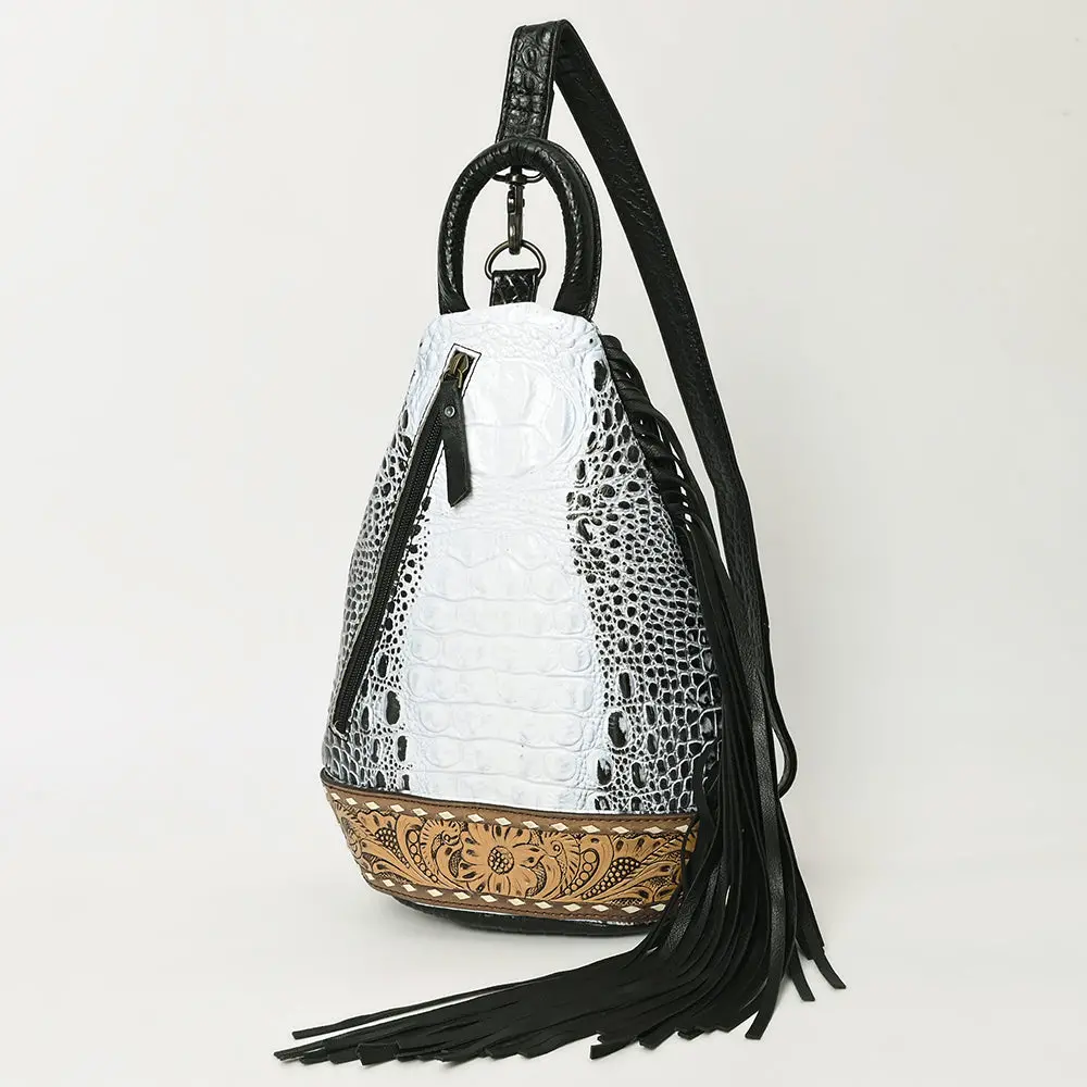 American Darling Sling Bag Handcrafted From Crocodile Embossed Leather | Hand-Tooled Floral Base, Long Fringe & Multi-Pocket Design 1