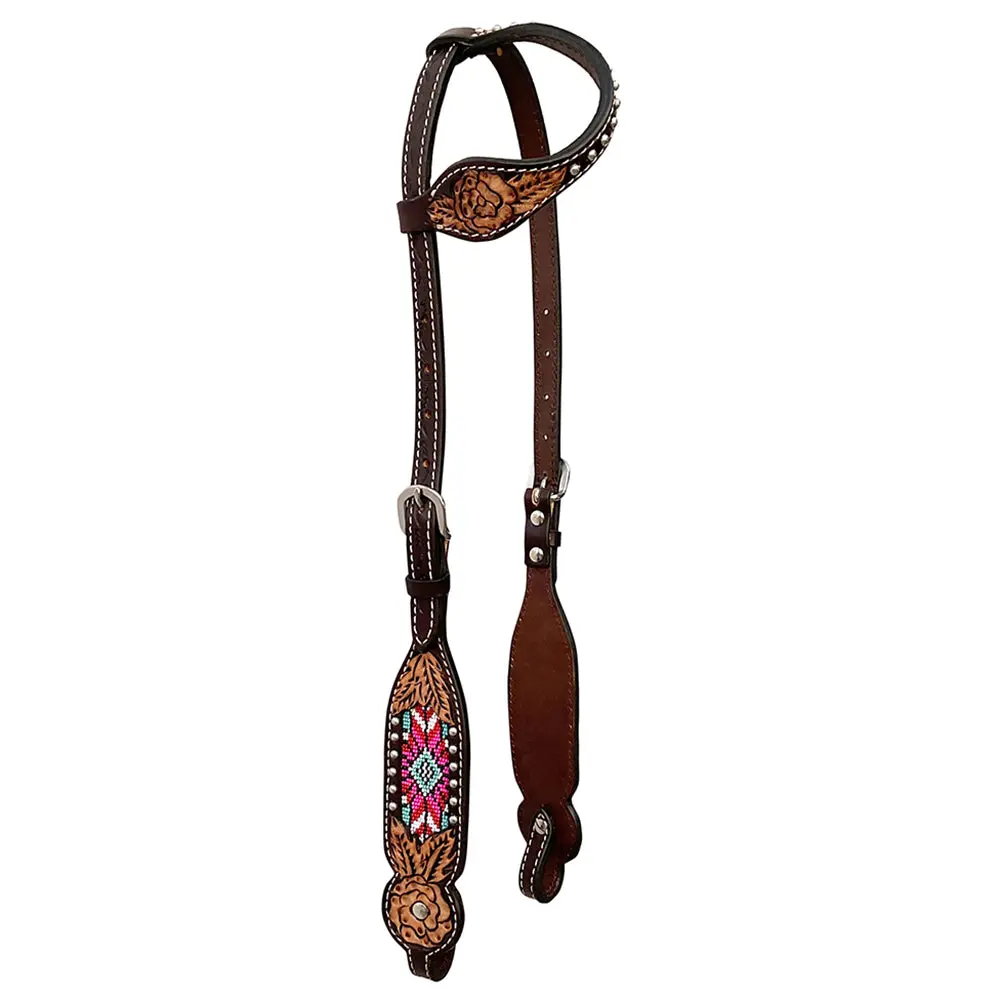 Bar H Equine Western Leather Horse Tack Set Floral Carved Beeded Inlay 1