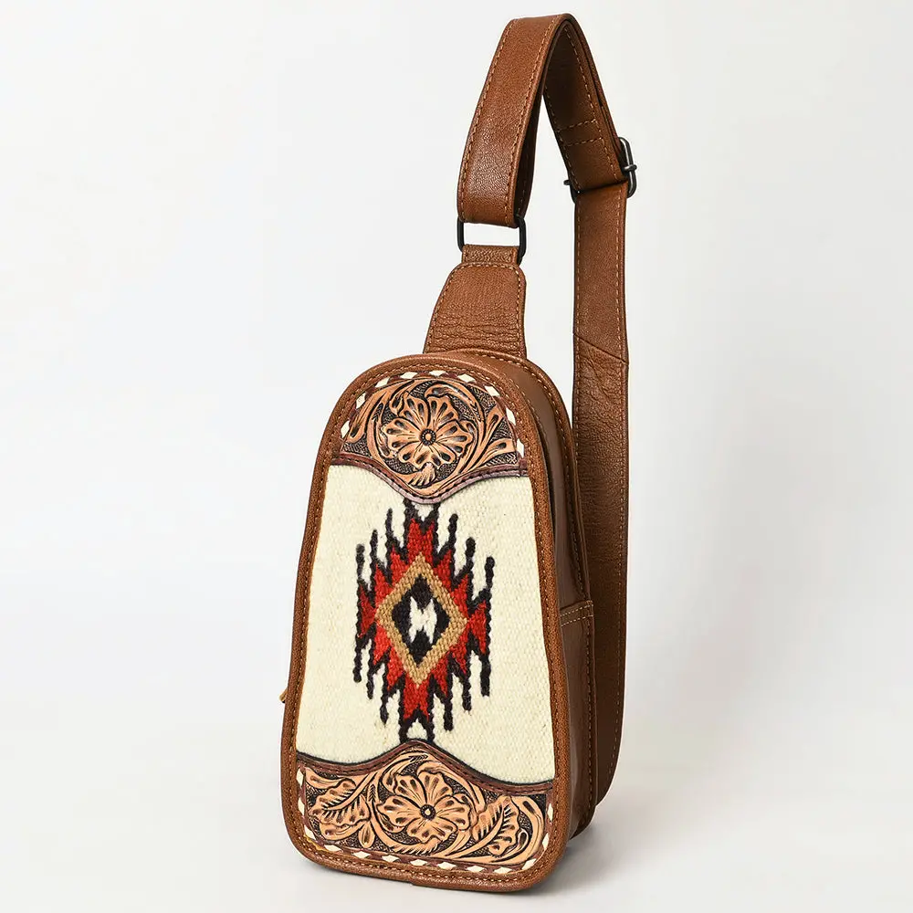 American Darling Western Leather Sling Bag With Hand-Tooled Floral Carving, Woven Saddle Blanket Panel, Adjustable Strap & Secure Storage 1