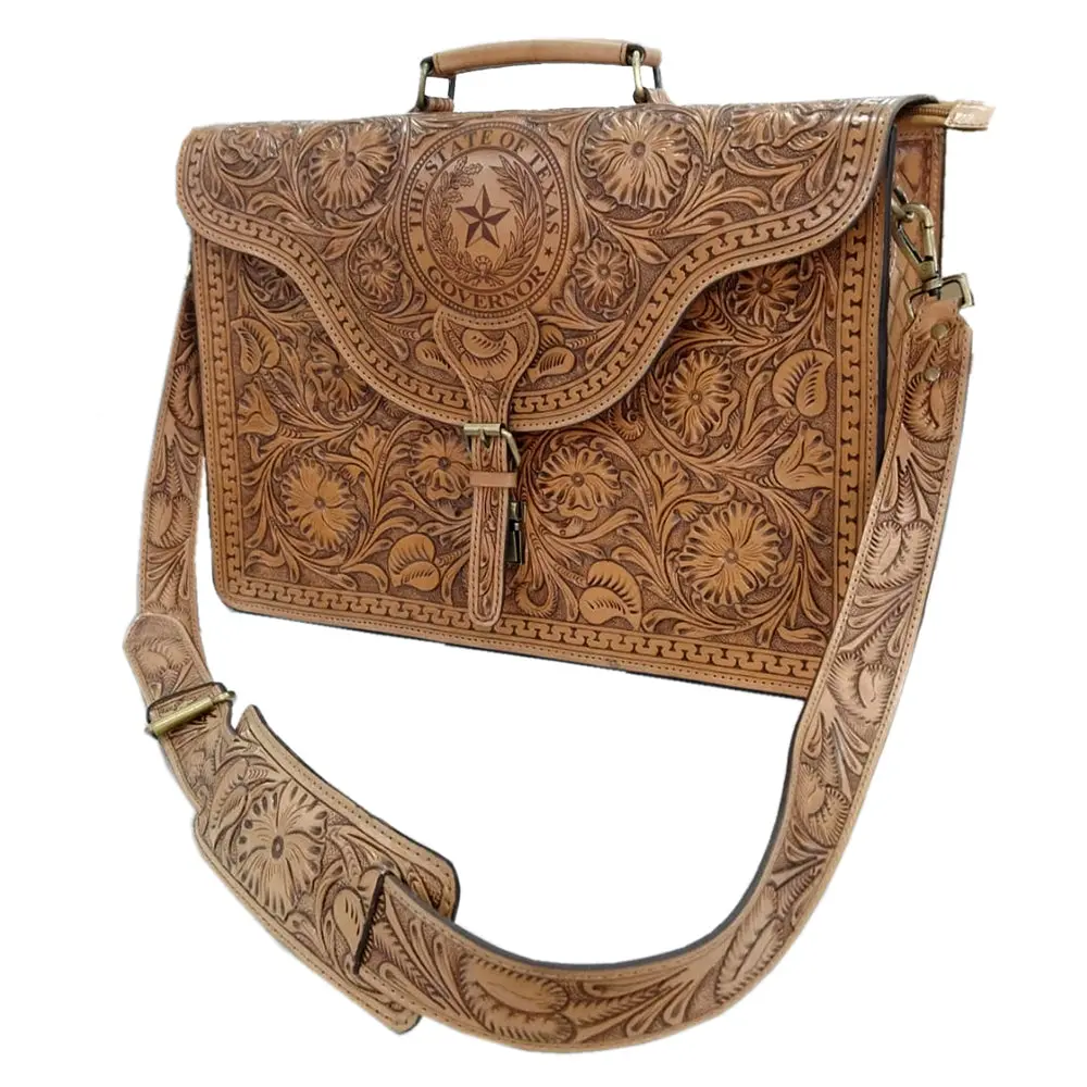 American Darling Briefcase Hand Tooled Floral Carved Vegetable-Tanned American Genuine Leather Western Bag 12In X 18In X 5In 1