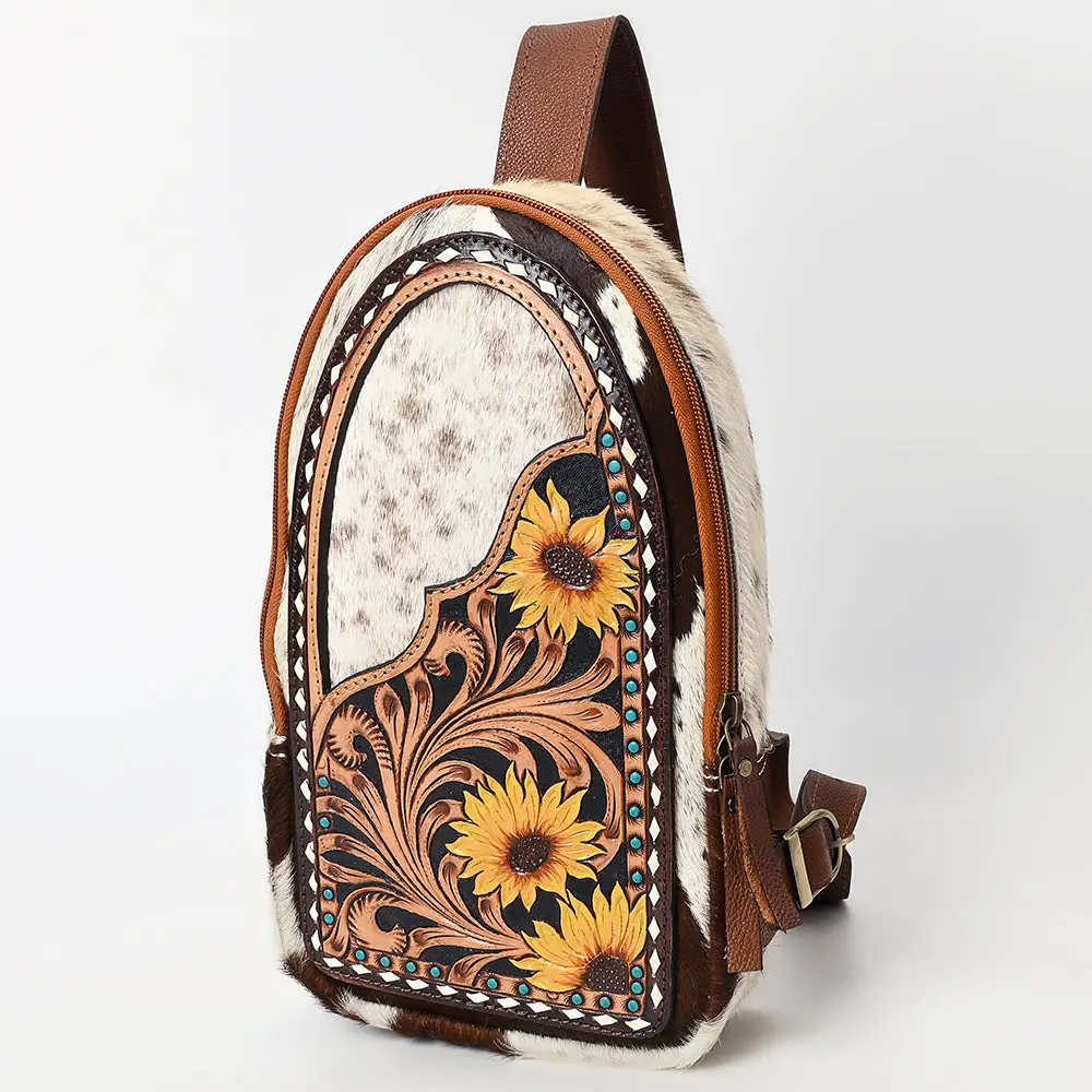 American Darling Sling Bag - Hand Tooled Floral Carved, Hair-On Cowhide, Eco-Friendly Vegetable Tanned Genuine Leather 3