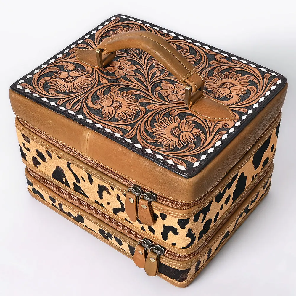 American Darling Hair-On Cowhide Hand Tooled Floral Carved Leather Jewelry Case Genuine Western Leather With Ykk Zipper 1