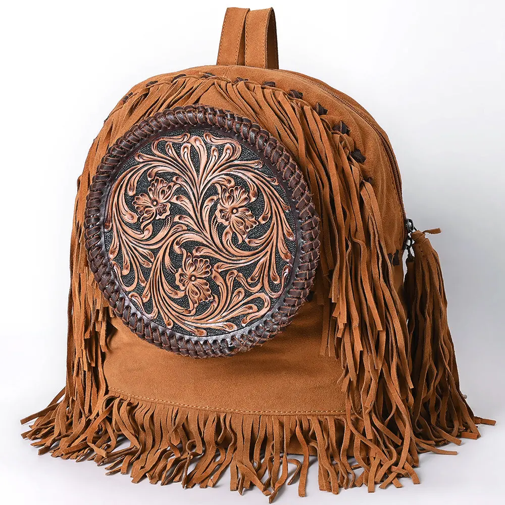 American Darling Hand Tooled Floral Carved Vegetable-Tanned Genuine Leather Backpack With Fringes And Ykk Zipper 1