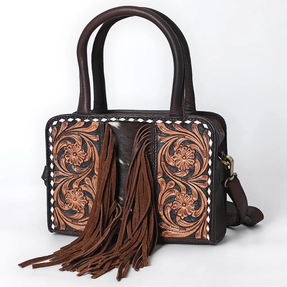 American Darling Hand Tooled Floral Carved Vegetable-Tanned Genuine Leather Tote Bag With Hair-On Cowhide, Fringes & Ykk Zipper 1