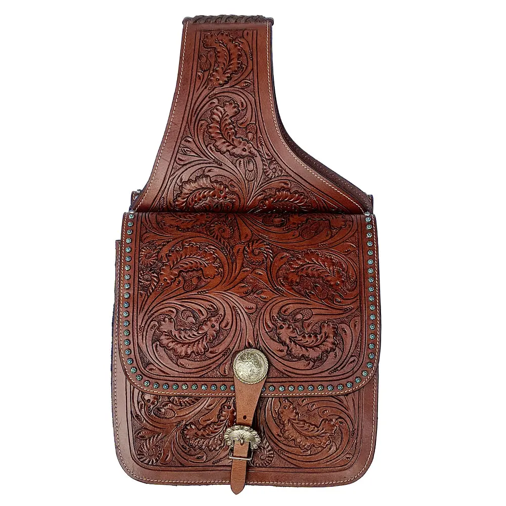 Comfytack Western Horse Leather Saddle Bag Heavyduty Floral Carved Mahogany 1