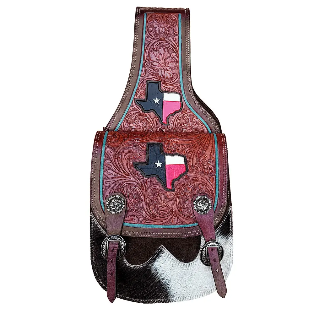 Comfytack Western Horse Leather Saddle Bag Heavyduty Texas Flag Mahogany 1