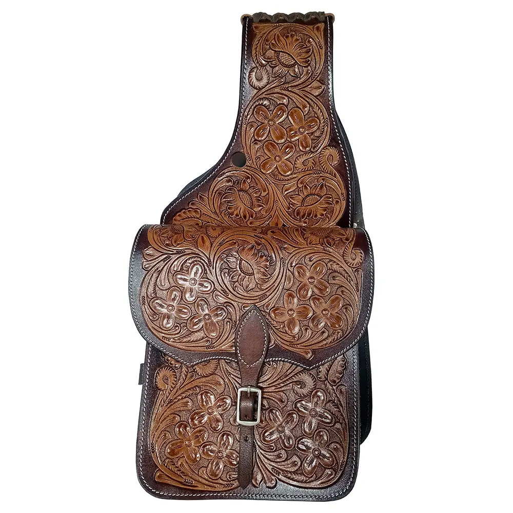 Comfytack Western Horse Leather Saddle Bag Heavyduty Floral Carved Brown 1